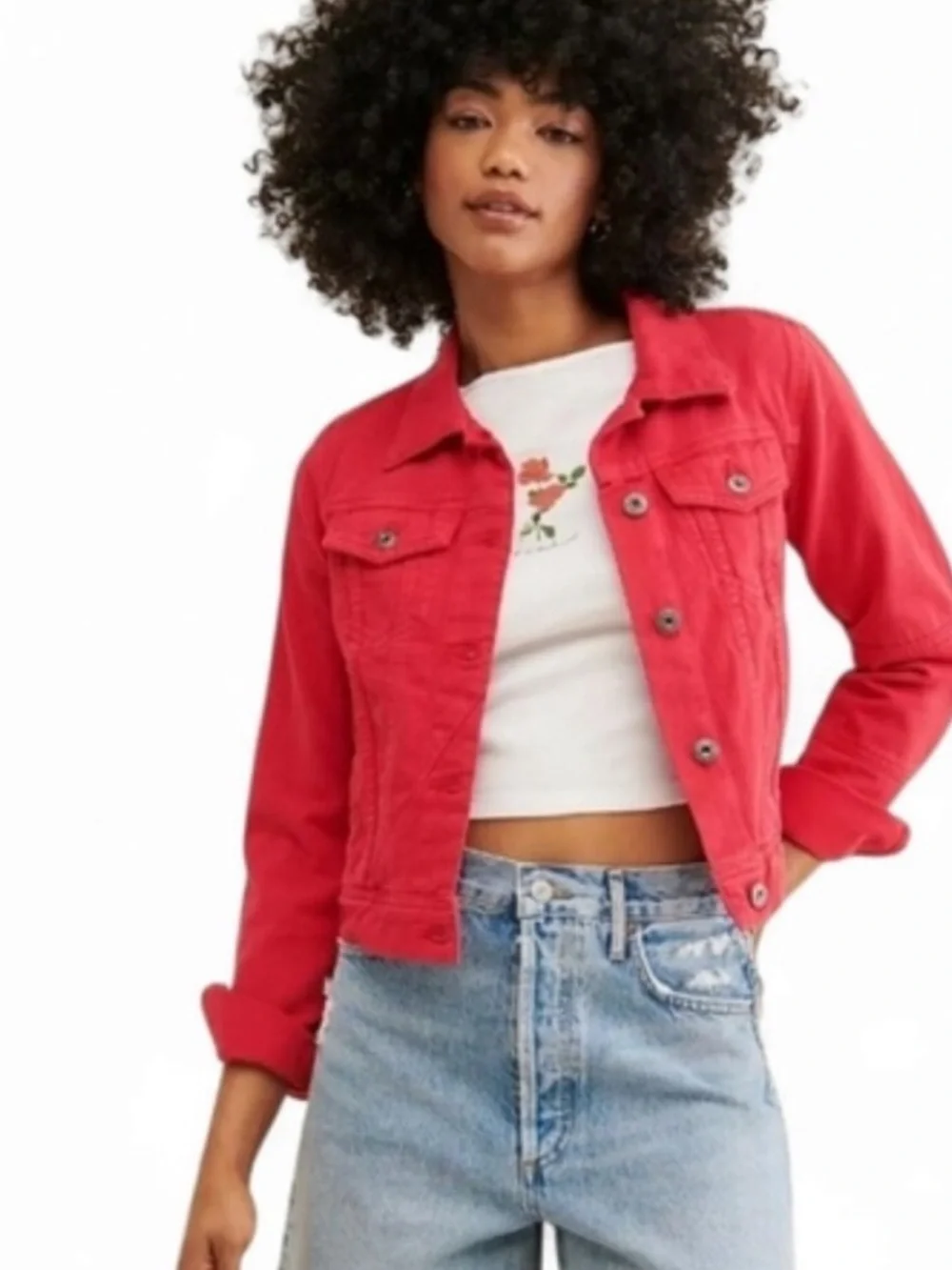 Free People / We The Free Red Denim Trucker Jacket Size XL - Picture 11 of 11